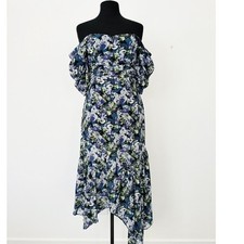 Astr The Label Midi Dress Medium Blue Multi Floral Puff Sleeve Romantic Party