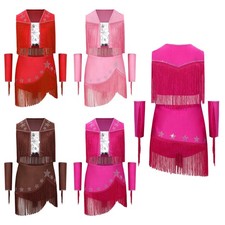 Kids Girls Jazz Dance Gymnastics Fringe Star Rhinestone Vest Skirt Set Cowgirl