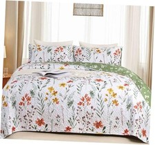 Quilt Set King Size 3 Pcs, White Floral Green Red Yellow Flower Leaf Spring