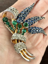 Rare! Vintage Ciner Gilt Sterling Blue & Green Floral Spray Brooch, Early Work