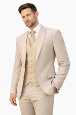 Beige Wool 3 Piece Suit Jacket Trousers Waistcoat Wedding Summer Groom Formal