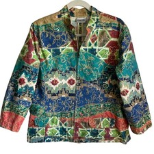 Chico s Zip Front Jacket Sz L Cotton Abstract Colorful Metallic Accent Artsy