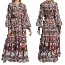 Farm Rio Amulet Maxi Dress Chiffon Small Blouson Long Sleeve Belted Pink $300