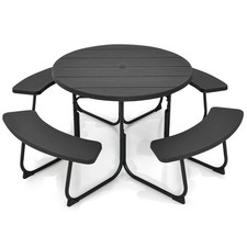 Outdoor 8-person Round Picnic Table Bench Set w/ Umbrella Hole  4 Benches Black