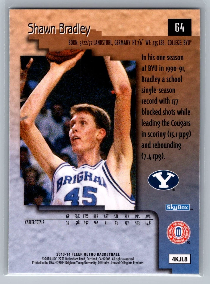 2013-14 Fleer Retro #64 Shawn Bradley BYU Cougars - Image 2 of 2