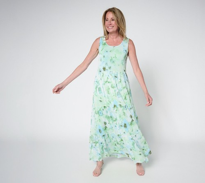 #ad Susan Graver Regular Printed Mesh Tiered Sleeveless Dress Aqua Leaf 1X New $41.00