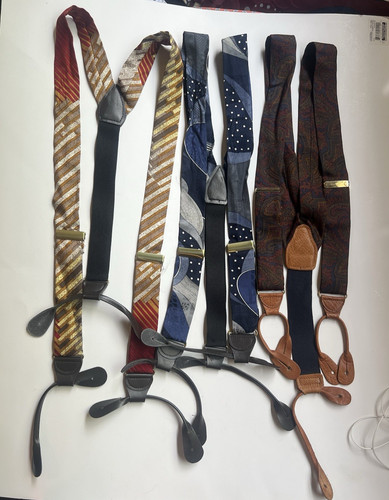 Lot of 3 Silk Suspenders Adjustable Blue Red Orange Gold