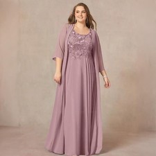 Plus Size Chiffon Mother of Bride Dress Lace 2 Piece Formal Evening Gown