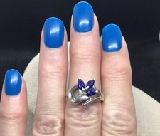 Vintage Sterling Silver 925 Chunky Blue Cut Glass Stone Floral Ring Sz 7.5 Y1845