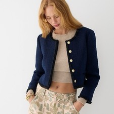 J.Crew Louisa Lady Jacket Maritime Tweed Wool Cropped Blazer Navy Gold Buttons 4