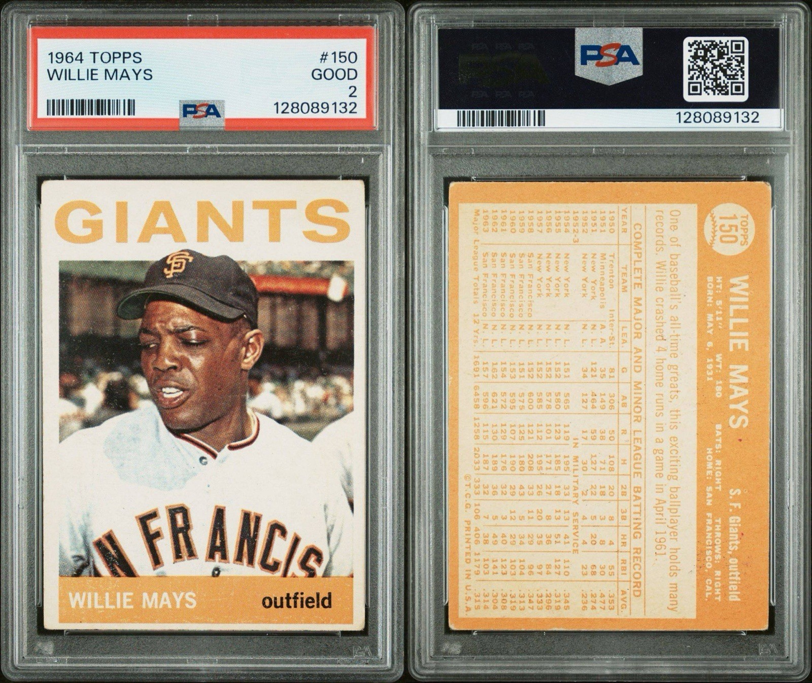 1964 Topps #150 Willie Mays PSA 2 Good HOF