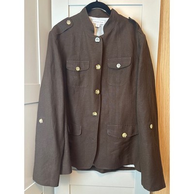 Coldwater Creek Women's Brown Linen Safari Utility Jacket Mandarin Collar Sz 16