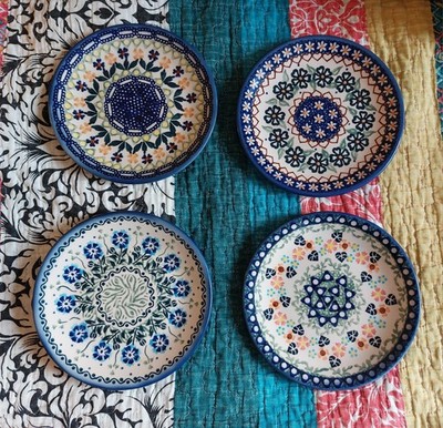 FOUR unikat polish pottery salad dessert plates Lightly Used 6 5/8'' Dia.