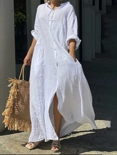 White Cotton Maxi Nightgown Button Down Long Sleeve Lounge Dress Boho Beach
