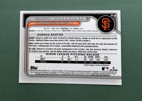 2024 Bowman Chrome Carson Whisenhunt Green Refractor #BCP-96 Giants - Picture 2 of 2