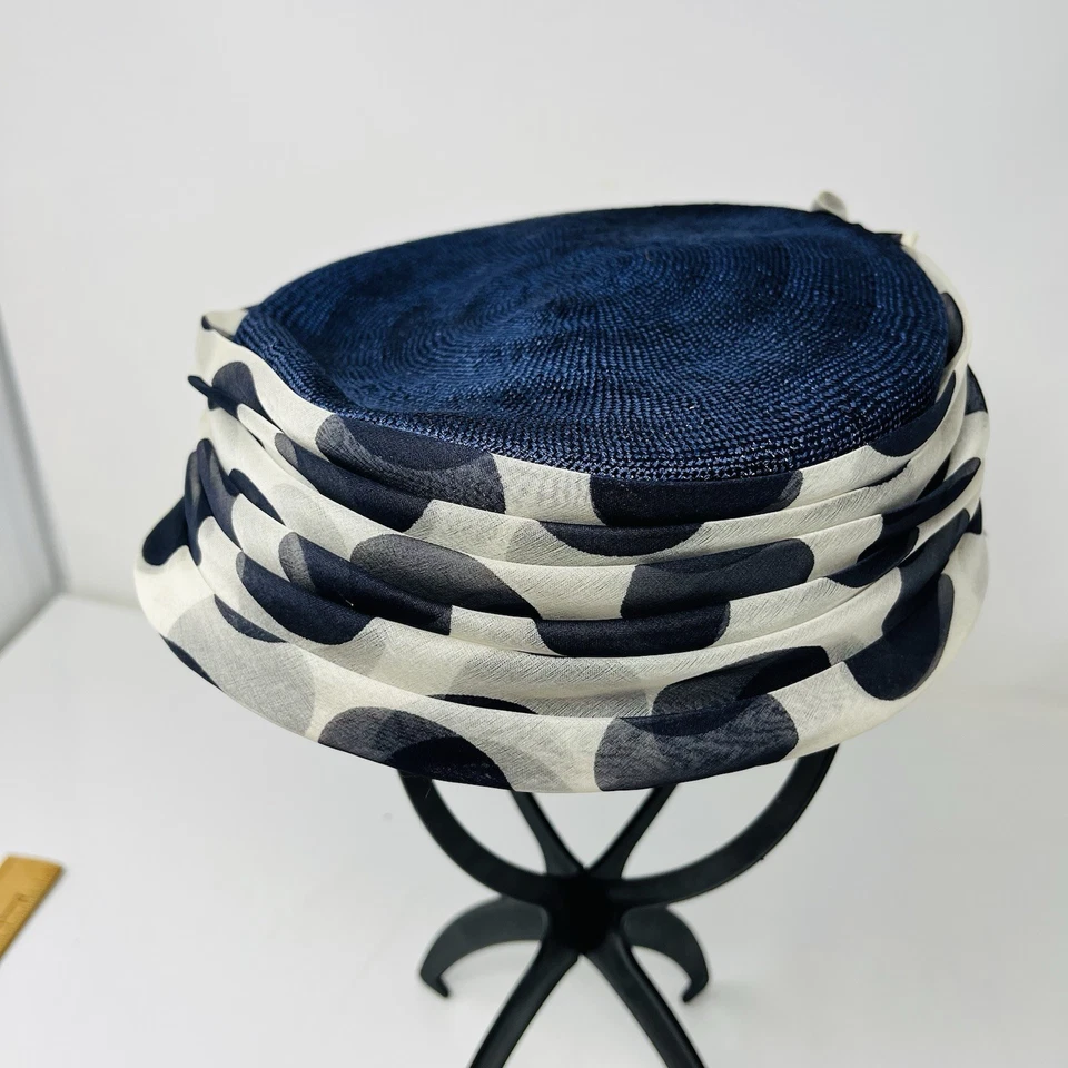 Tecido azul vintage com fitas chapéu moda feminina Bullocks Wilshire EUA - Imagem 2 de 4