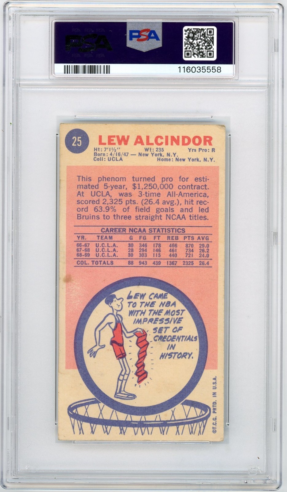 1969-70 Topps Basketball #25 Lew Alcindor RC PSA 1 Vintage HOF Rookie view 2