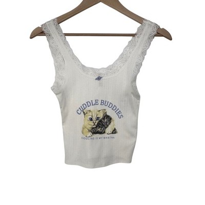 Womens Cuddle Buddies Kitten Pointelle Lace Trim Tank Top XS Twee Soft Girl