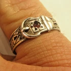 STERLING SILVER  OLD VINTAGE BUCKLE RING SET WITH TINY GARNET SIZE N