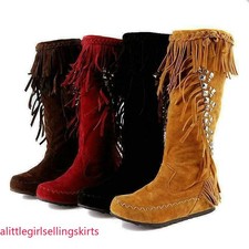 Women's Fringe Shoes Knee High Boots Pull on Tassel Moccasin Boots Plus Sz