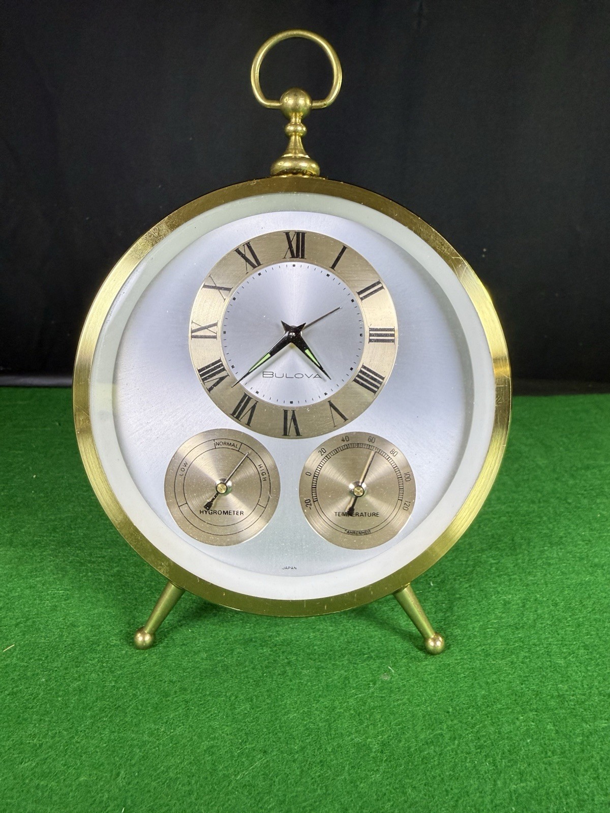 Mid-Century Bulova Brass Wind-Up Table Clock w/ Hygrometer & Thermometer Runs