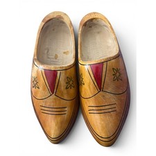Vintage Traditiona Hand-Painted Wooden Clogs in Natural Tan with Red Accent 25.5