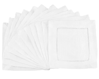 CLEVERDELIGHTS White 6" Hemstitch Cocktail Napkins - 55% Linen / 45% Cotton - Embroidery Blanks