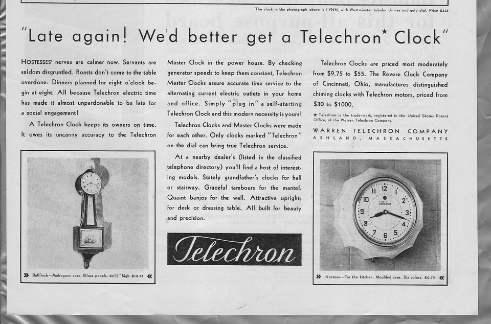 1931 TELECHRON CLOCK advertisement, electric wall clocks, grandfather