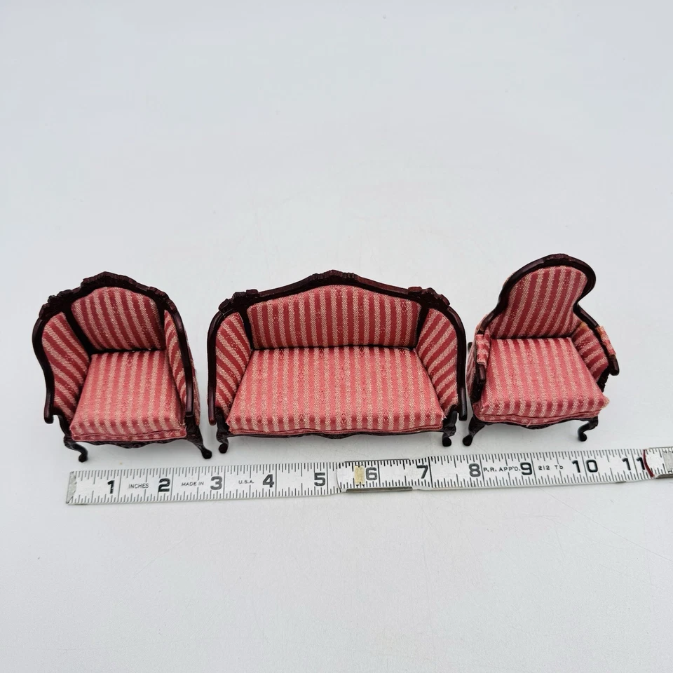 Juego de 3 piezas artesanal Bespaq casa de muñecas miniatura sala de estar rosa a rayas caoba Foto 4 de 4