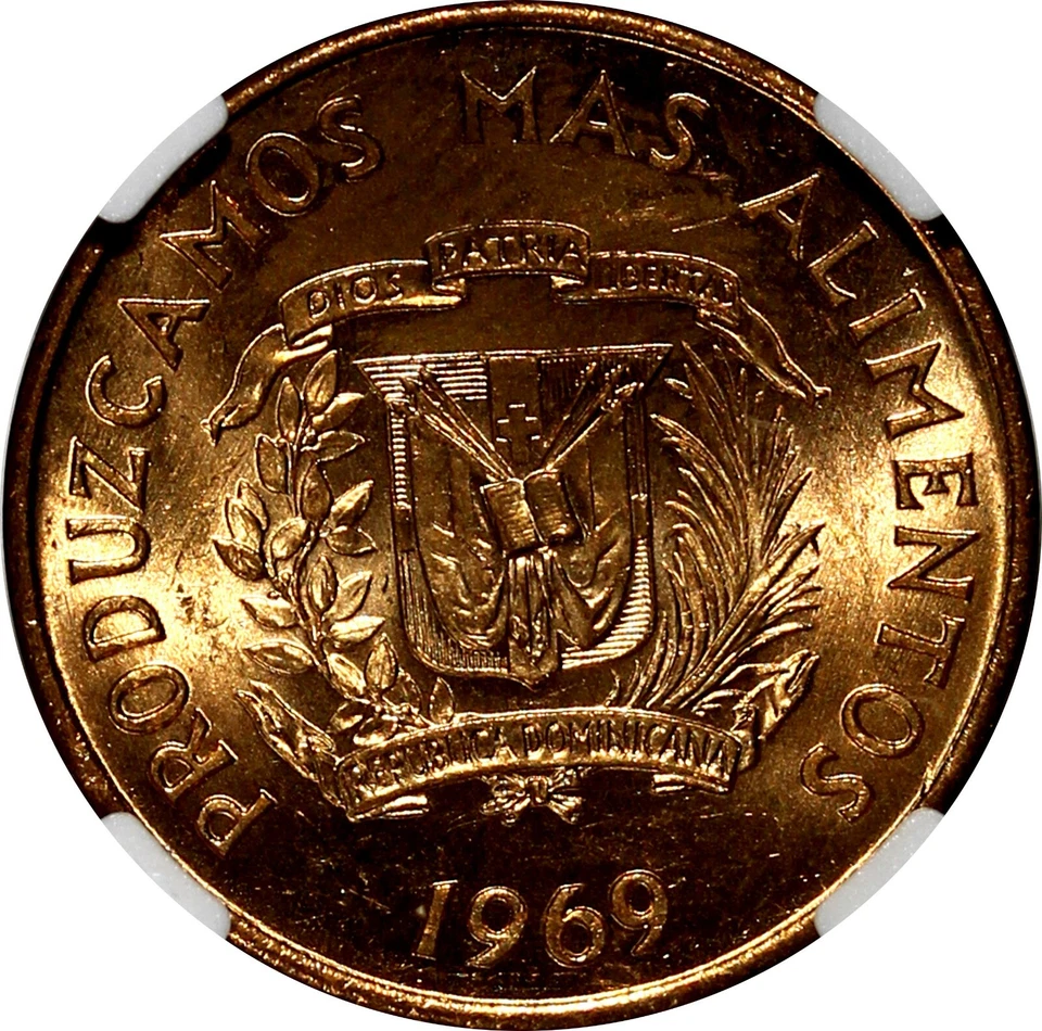 Dominican Republic Bronze 1969 1 Centavo NGC 64 RD F.A.O. RED TONING KM# 32 (02) - Image 4 of 4