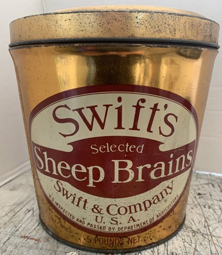 VINTAGE SWIFT'S SHEEP BRAINS ADVERTISING TIN CAN 5 POUNDS - Picture 2 of 6