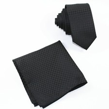 Men's Skinny Slim 2.25" Necktie  Pocket Square Hanky Plaids and Checkers Black
