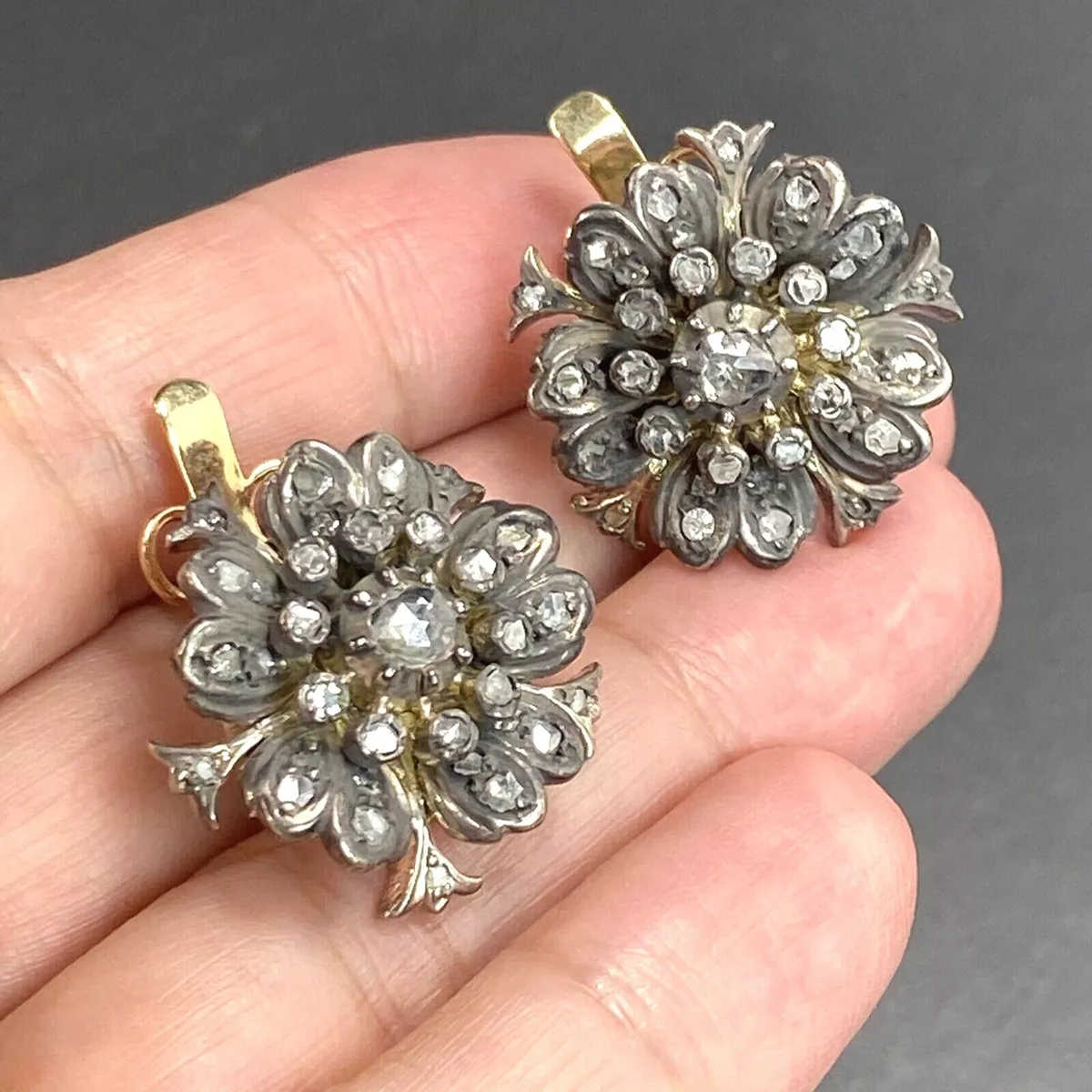 Antique Victorian 14K Gold Silver Rose Cut Diamond Earrings Flower Floral Unique