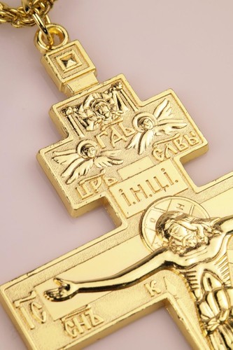 Gold Plated Russian Orthodox Greek Style Three Bar pectoral Cross Crucifix 48 In - Picture 6 of 12