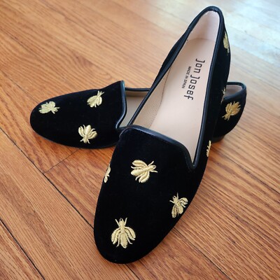 NEW Jon Josef Black Velvet Loafer Gold Bees Leather Trim Made in Spain US 