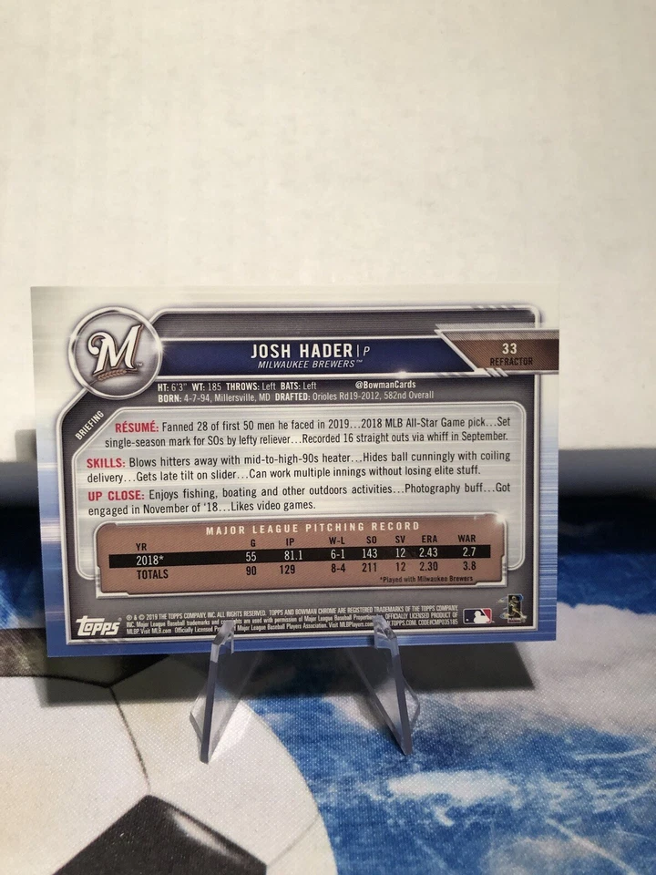 2019 Bowman Chrome #33 Josh Hader Refractor #/499 - Image 2 of 2