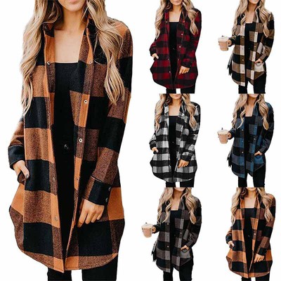 Damen-Retro-Karomantel Lässig Kariertes Hemd Langärmelig Lässiger Trenchcoat    