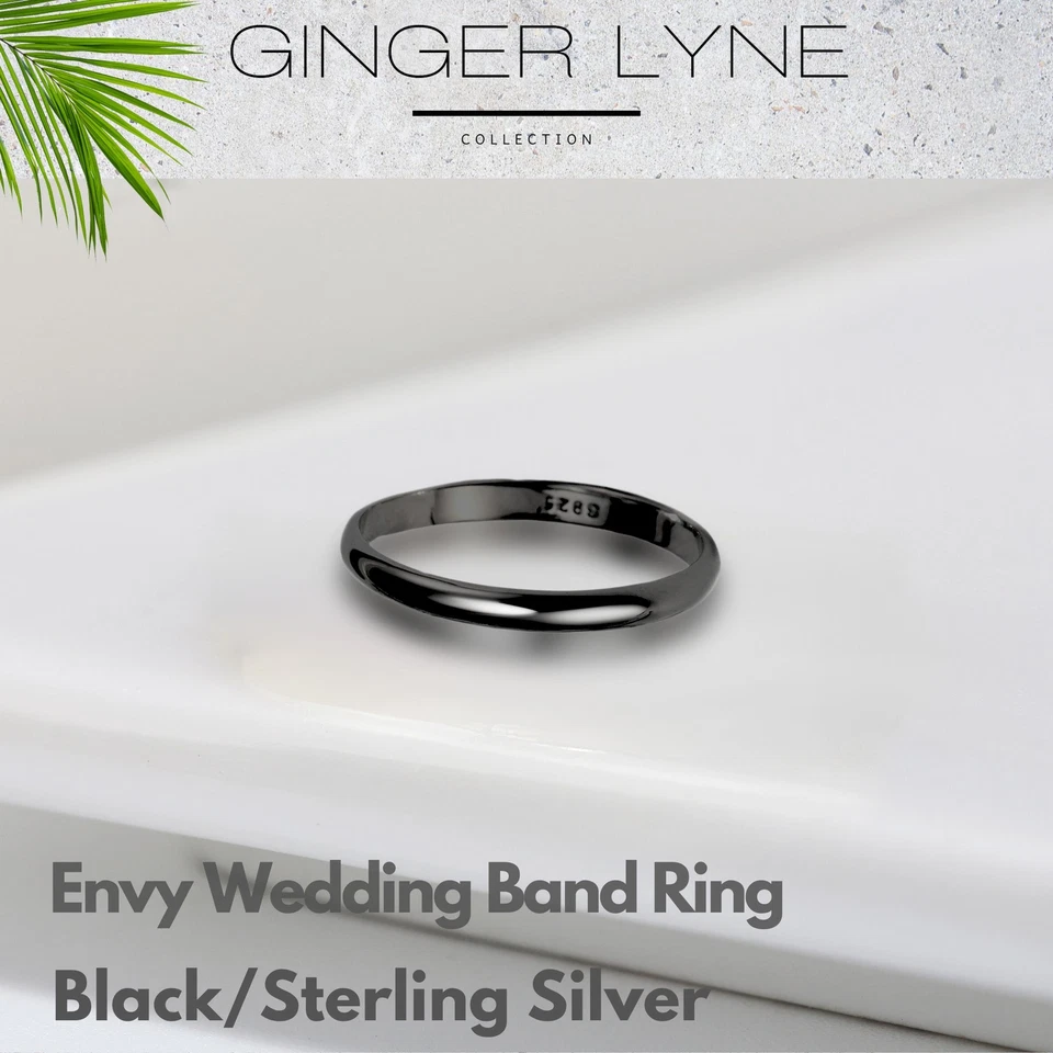 Alianza de boda Envy de 2 mm negra sobre plata esterlina para hombre o mujer Ginger Lyne... Foto 2 de 4