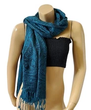 Womens Turquoise Paisley Damask Fringed Tasseled Knit Blanket Scarf