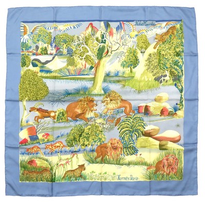 Excellent Condition Hermes Carr 90 NUBA MOUNTAIN Silk Blue Scarf Blue 0168 HERME
