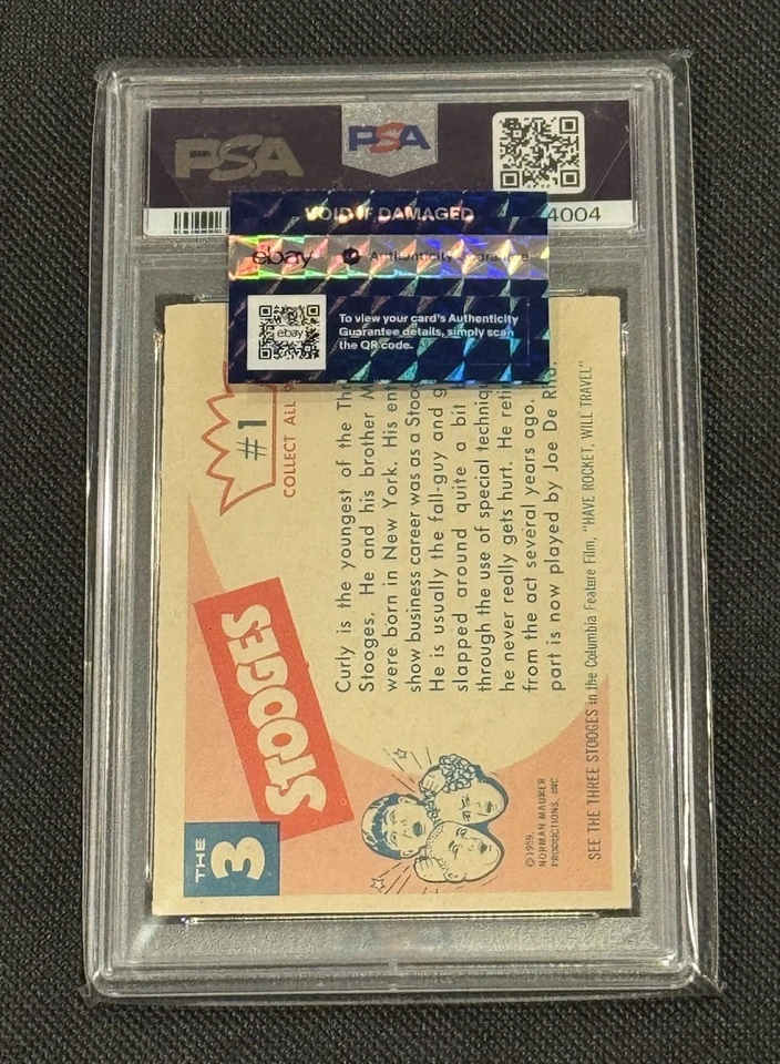PSA 5 CURLY 1959 The Three (3) Stooges Rare Old Comedy TV Fleer, Icon Card # 1 - Image 4 of 4