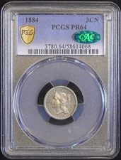 1884 3CN Proof Three Cent Nickel PCGS Graded PR 64 CAC Approved Beauty