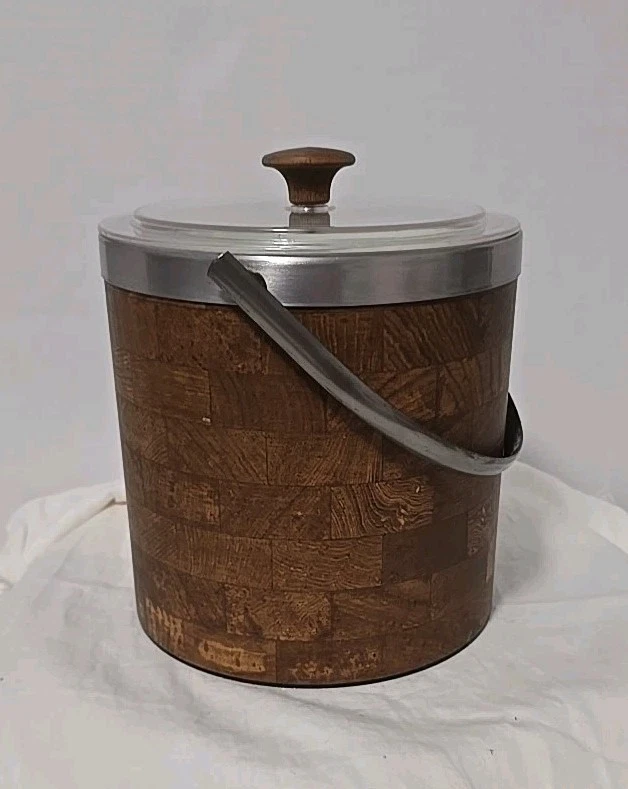 Cubo de hielo de corcho de imitación de madera retro vintage perilla de madera mango de metal sin marca Foto 3 de 4