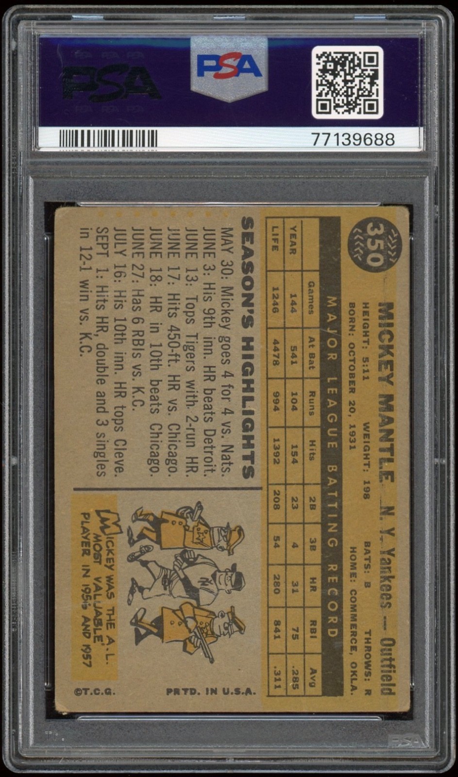 1960 Topps Baseball #350 MICKEY MANTLE PSA 1 New York Yankees HOF view 2