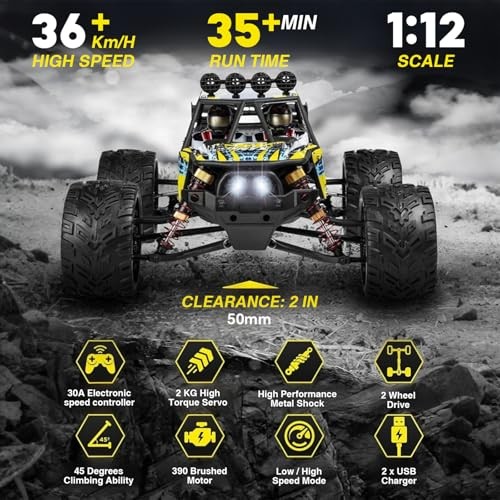1/12 Scale RC Cars for Adults，Max 48mph Electric Off-Road Monster Yellow