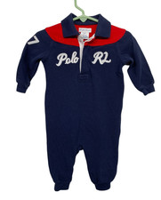 RALPH LAUREN Baby 6M Navy Cotton Jersey Rugby Coverall Spell Out Logo
