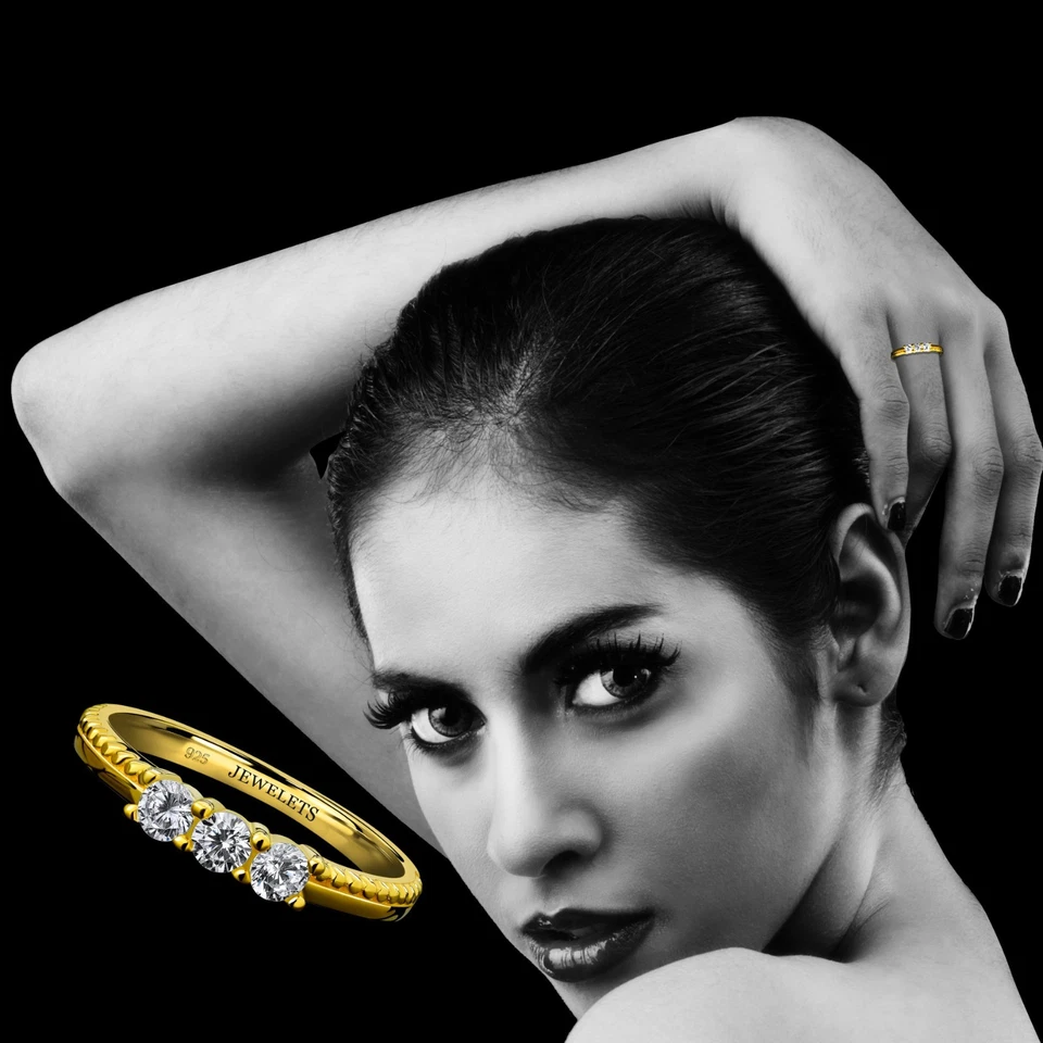 Pulseira de prata esterlina de três pedras – Anel folheado a ouro com 3 pedras cúbicas de zircônia - Imagem 3 de 4