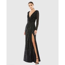 Mac Duggal Black Sequined Long Sleeve High Slit V-Neck Cocktail Gown Size 16