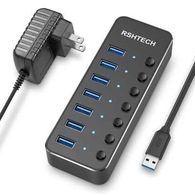 USB 3.0 Hub, RSHTECH 7 Port Powered USB Hub Expander Aluminum USB 3.0 Data Po...
