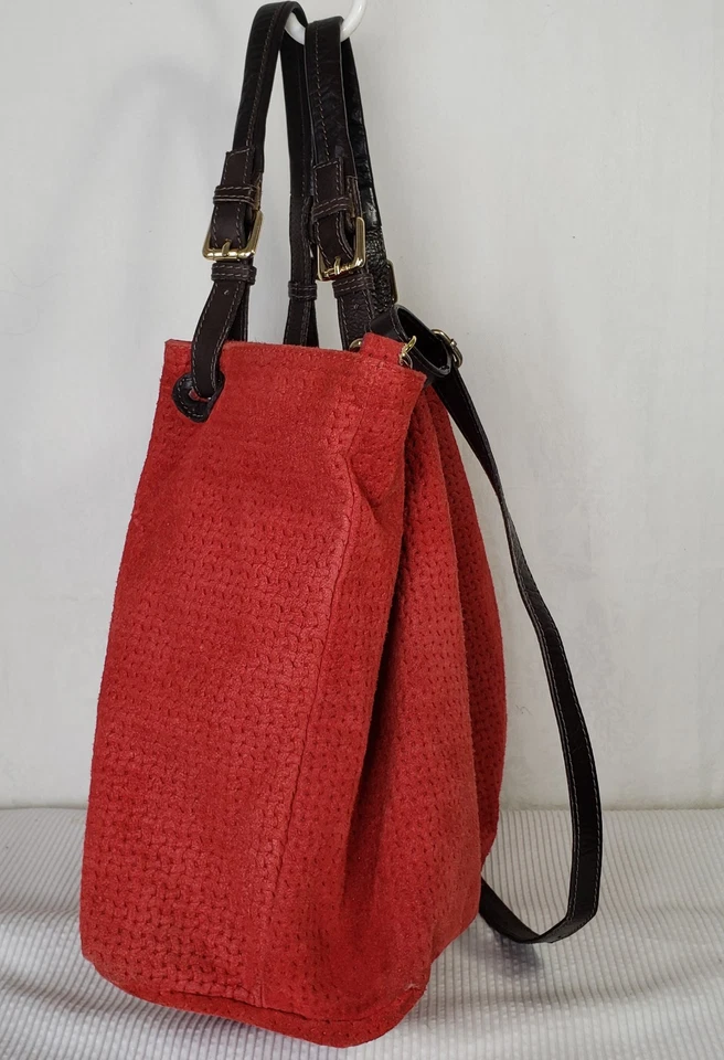Large Tuscany Leather Woven Suede Tote Lipstick Red Shoulder Crossbody mi/Italy  - Image 3 of 4